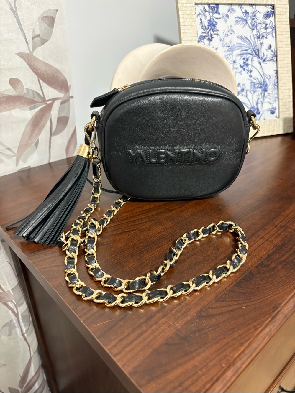 Valentino Black Leather Crossbody with Gold Chain and Tassel